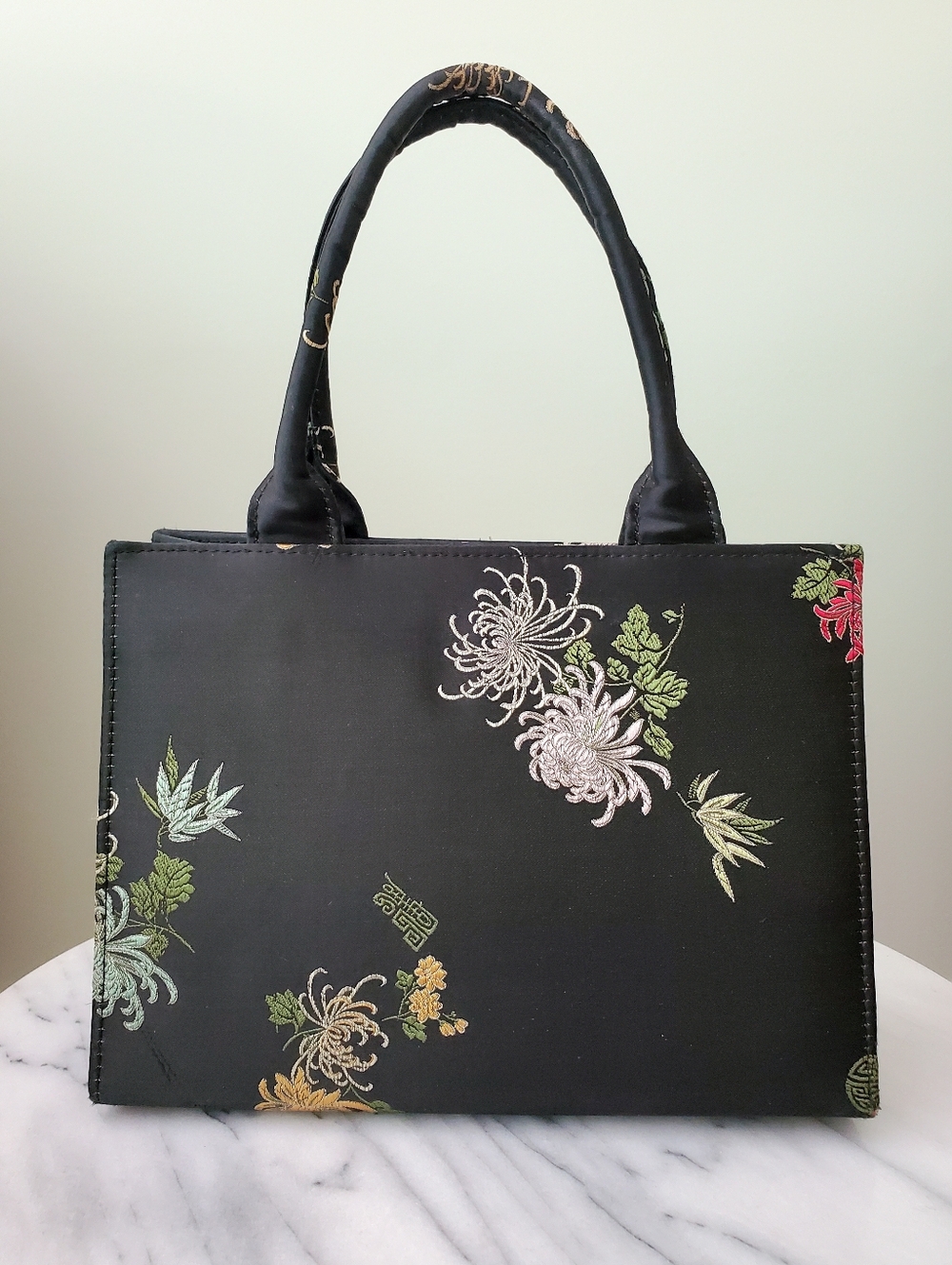 Vintage Black Silk Floral Brocade Asian Inspired Evening Purse